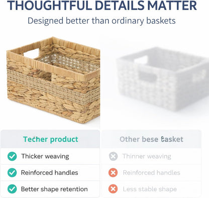 Water Hyacinth Baskets, Wicker Storage Baskets with Built-In Handles, Handwoven Natural Fiber Storage Basket Set of 2 for Shelves, Pantry, Bathroom & Closet Organization