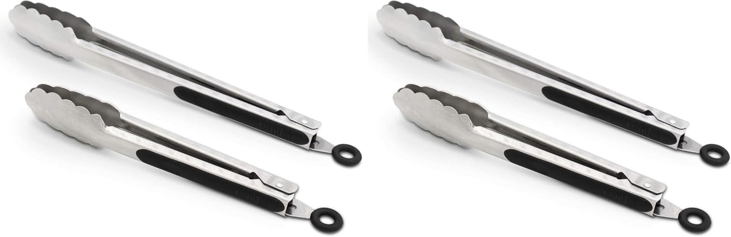 304 Stainless Steel Kitchen Cooking Tongs, 9" and 12" Set of 2 Sturdy Grilling Barbeque Brushed Locking Food Tongs with Ergonomic Grip, Black