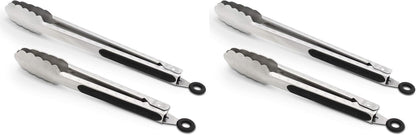 304 Stainless Steel Kitchen Cooking Tongs, 9" and 12" Set of 2 Sturdy Grilling Barbeque Brushed Locking Food Tongs with Ergonomic Grip, Black