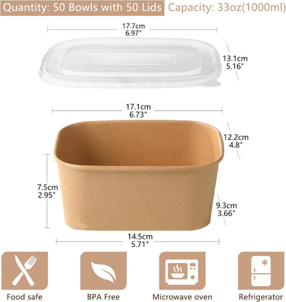 50 Sets 25oz Disposable Kraft Paper Bowls with Lids, Rectangle