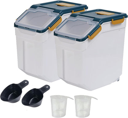 Large Flour Storage Container Bin 25lb, 2Pack Airtight Rice Storage Containers with Wheels Seal Locking Lid, BPA Free with Measuring Cup&Scoop for Flour, Rice, Grain(Green)