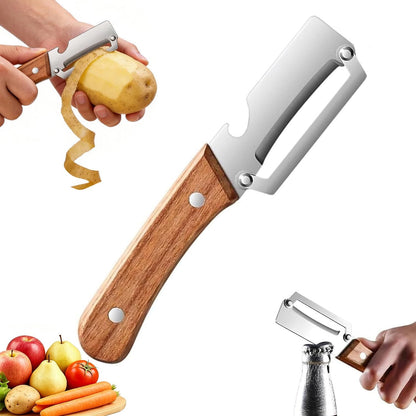 2PCS Multifunctional Vegetable Peeler for Kitchen,2-in-1 Stainless Steel Peeler Kitchen Tool with Wooden Handle and Bottle Opener for Fruit Apple Potato Pumpkin Papaya