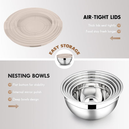 E-far Mixing Bowls with Lids Set of 5, Stainless Steel Mixing Bowls Metal Nesting Bowls with Airtight Lids, Non-toxic & Dishwasher Safe, Great for Cooking, Baking, Serving - Size 0.7/1/1.5/3/4.6QT