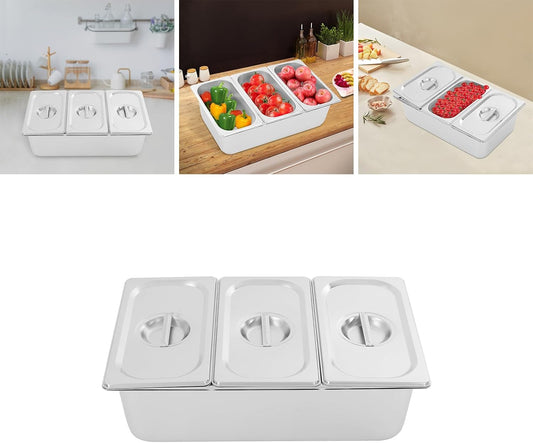 3/4/6 Compartment Stainless Steel Fruit Serving Set with Removable Acrylic Lids, Drainage Mats - Commercial Food Storage Containers for Buffet, Restaurant (3-Pan)