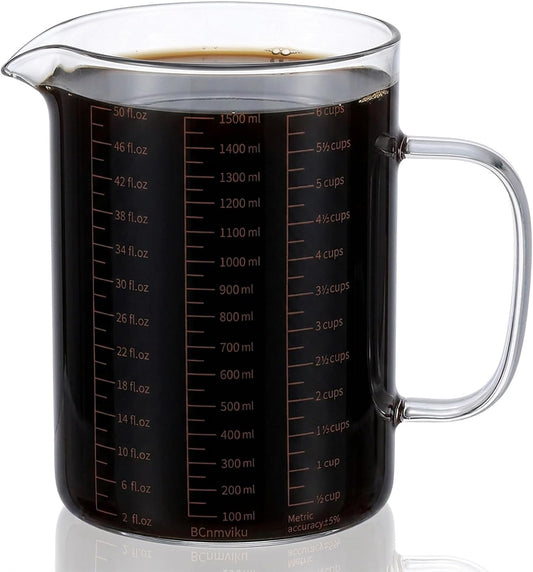 Glass Measuring Cup, 6Cup/1500ml/50oz Glass Liquid Measuring Cup With Handle and V-Shaped Spout High Borosilicate Glass-Measuring-Cup for Kitchen or Restaurant, Easy to Read