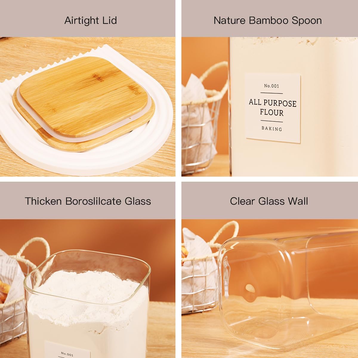 2 Pack large Square Glass Flour and Sugar Containers with 132 Kitchen Pantry Labels - 149 floz & 71 floz - Glass Jars with Airtight Bamboo Lid - Glass Rice Canisters for Coffee, Pasta, Cookie, Cereal