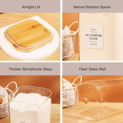 2 Pack large Square Glass Flour and Sugar Containers with 132 Kitchen Pantry Labels - 149 floz & 71 floz - Glass Jars with Airtight Bamboo Lid - Glass Rice Canisters for Coffee, Pasta, Cookie, Cereal