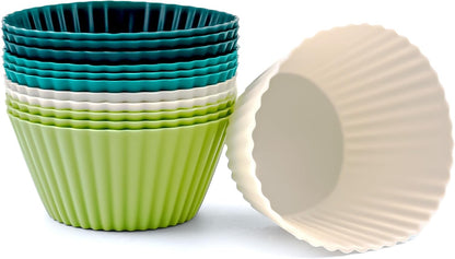 12 Pack Silicone Baking Cups - 4 Colors Reusable Non-Stick Muffin Liners, Heat-Resistant Cupcake Molds for Oven