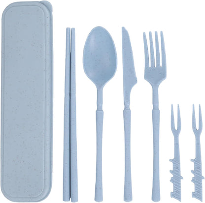 Reusable Travel Utensils Set with Case, Wheat Straw Portable Plastic Fork Spoon Knife Chopsticks Camping Cutlery, Eco-Friendly BPA Free Tableware Picnic Flatware for Kids Adults or Daily Use (Pink)