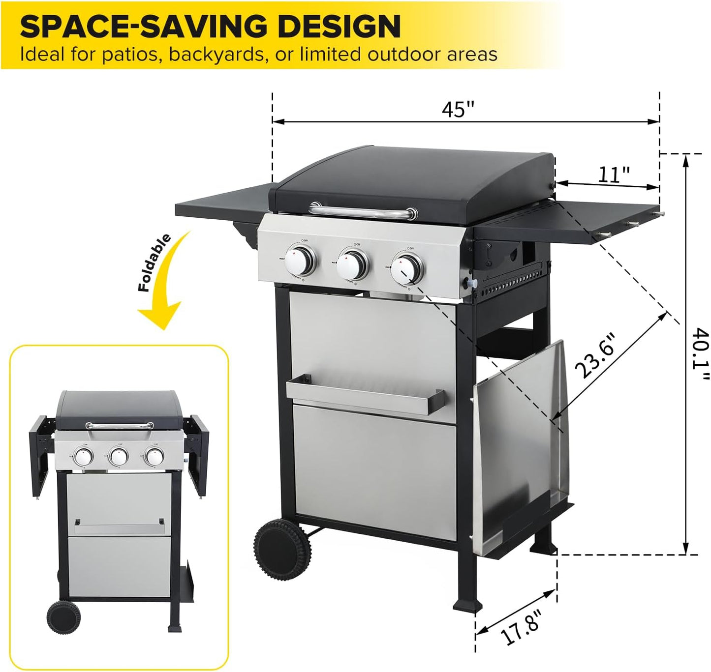 CIG GARDEN 3-Burner Gas Grill & Griddle Combo, 2-in-1 Propane BBQ with Stainless Steel Griddle, Cast Iron Grates & Lid - 30,000 BTU Flat Top for Patio, Backyard, Camping