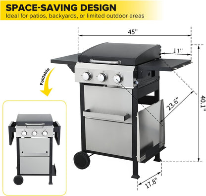 CIG GARDEN 3-Burner Gas Grill & Griddle Combo, 2-in-1 Propane BBQ with Stainless Steel Griddle, Cast Iron Grates & Lid - 30,000 BTU Flat Top for Patio, Backyard, Camping