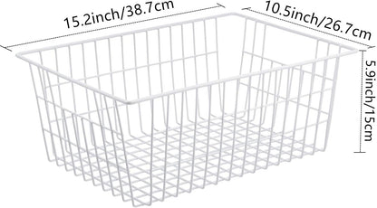 Redrubbit Wire Storage Baskets, Large Farmhouse Metal Freezer Basket Storage Organizer Bins with Handles for Kitchen Cabinets, Pantry, Closets, Bedrooms, Bathrooms, Set of 6, White