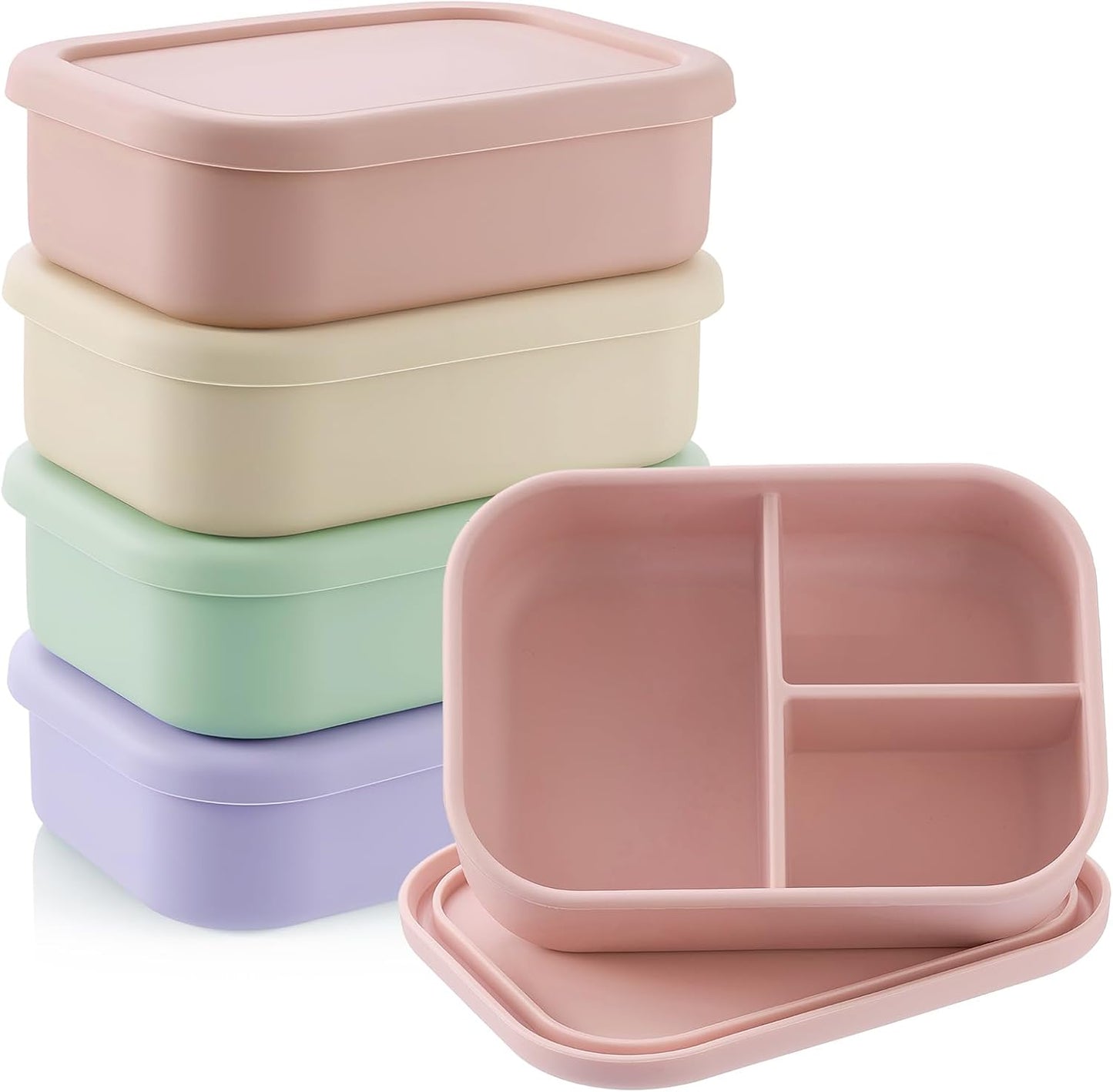 Layhit 4 Pcs Silicone Bento Box for Adults, 27 oz Bento Lunch Container Reusable 3 Compartment Lunchable Food Container for Women Men, Leak Proof Microwave Dishwasher Freezer Safe (Cool Colors)