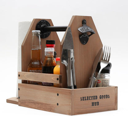 Wooden Grill Caddy Organizer - Versatile BBQ Caddy for Outdoor grill - Portable rustic wood condiment and paper towel holder with bottle opener for picnic and grilling