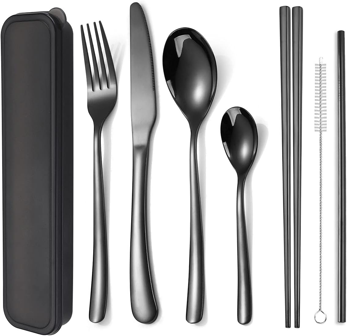 AARAINBOW 6 Pieces 18/8 Stainless Steel Flatware Set Portable Reusable Cutlery Set Travel Utensils Set Including Chopsticks Knife Fork Spoon Straws Cleaning Brush Dishwasher Safe (Green golden)