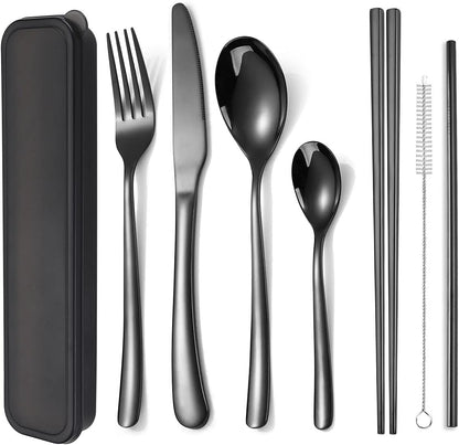 AARAINBOW 6 Pieces 18/8 Stainless Steel Flatware Set Portable Reusable Cutlery Set Travel Utensils Set Including Chopsticks Knife Fork Spoon Straws Cleaning Brush Dishwasher Safe (Green golden)