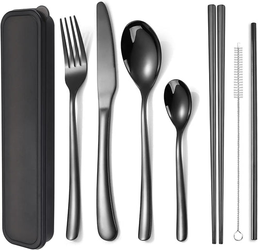 AARAINBOW 6 Pieces 18/8 Stainless Steel Flatware Set Portable Reusable Cutlery Set Travel Utensils Set Including Chopsticks Knife Fork Spoon Straws Cleaning Brush Dishwasher Safe (Green golden)