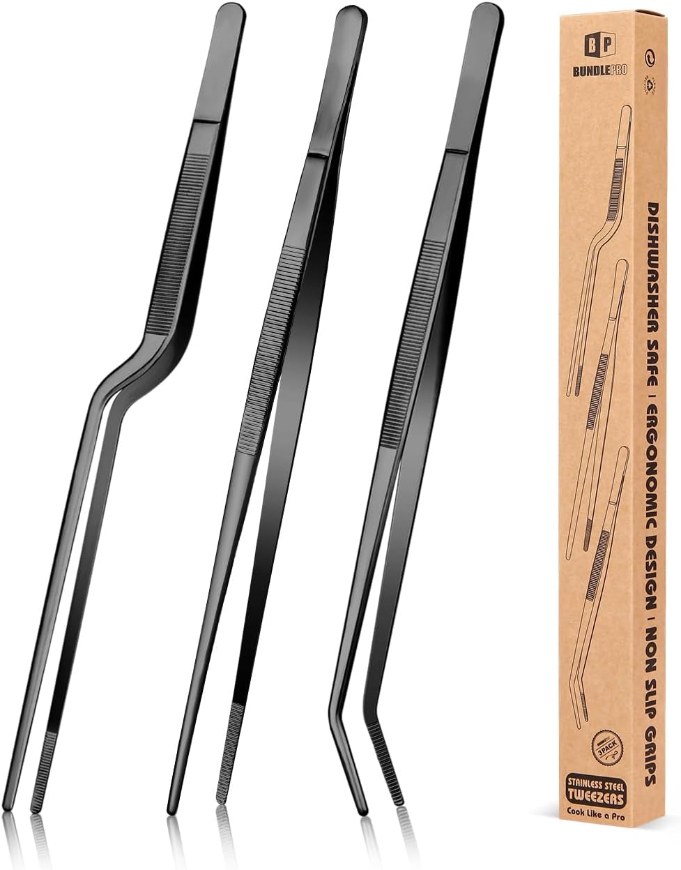 Fine Cooking Tweezers Set, Professional Stainless Steel Food Tongs, Kitchen Black Long Chef Tweezer for Cooking, Plating, Decorating and BBQ (SILVER, 12 inch)