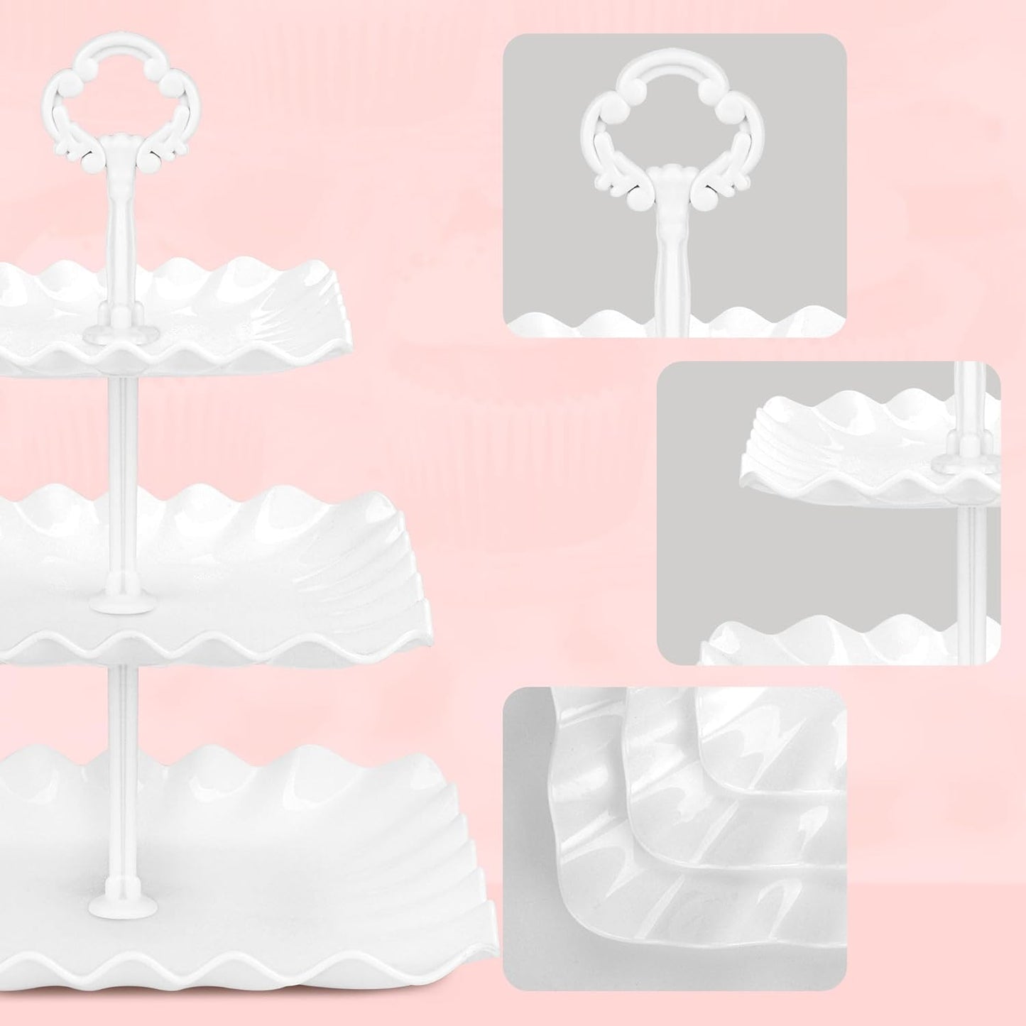 NWK 5 Piece Cake Stand Set with 2 x Large 3-Tier Cupcake Stands, 3 x Appetizer Trays, for Wedding Birthday Baby Shower Tea Party Decorations (Pink)