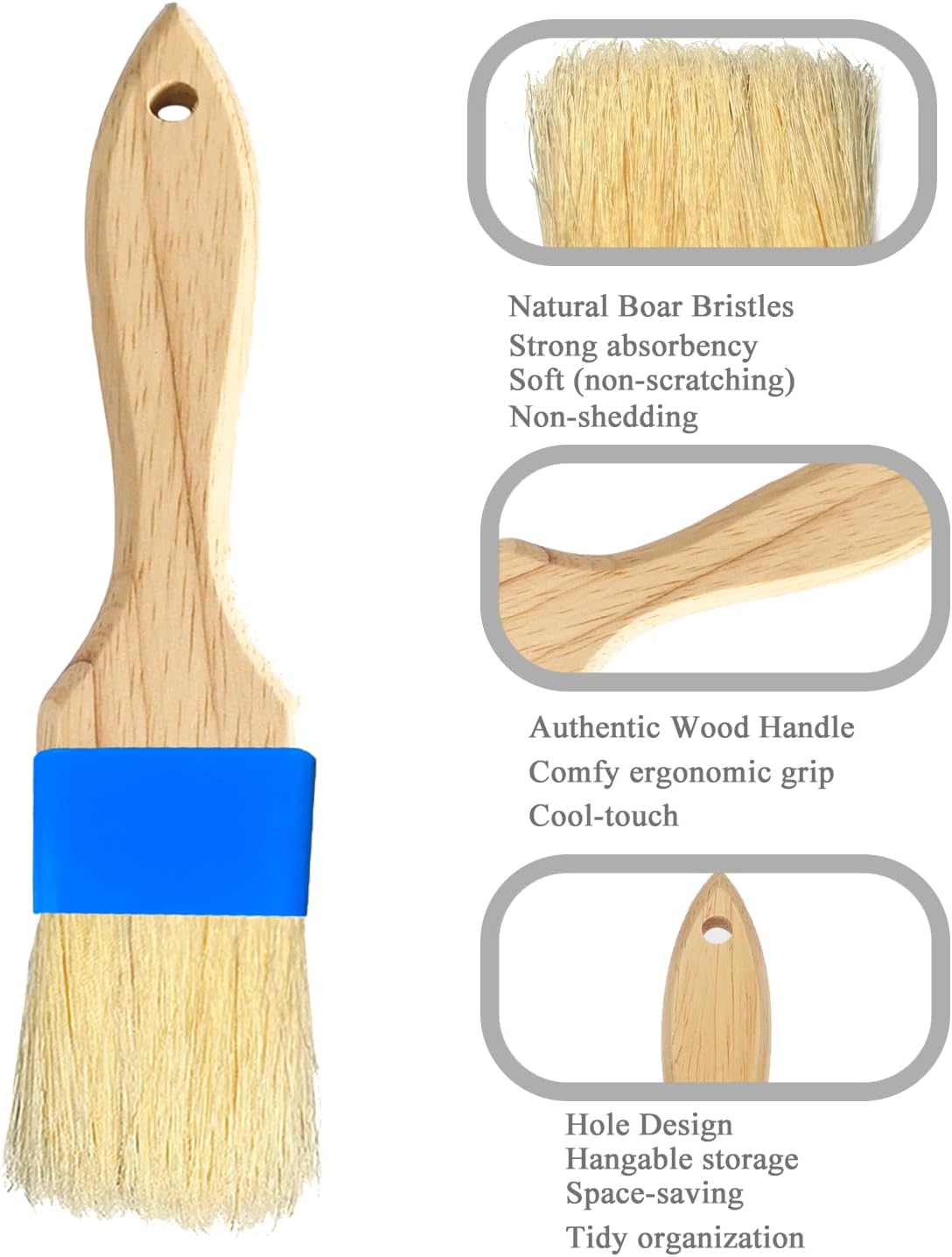 Natural Boar Bristle Pastry Brush,Heat Resistant Basting Brush for Cooking, BBQ, Baking, Food Grade Wooden Handle Oil Brush for Egg Wash, Butter,Marinade, Sauce, Dishwasher Safe(1",1.5",3PC)