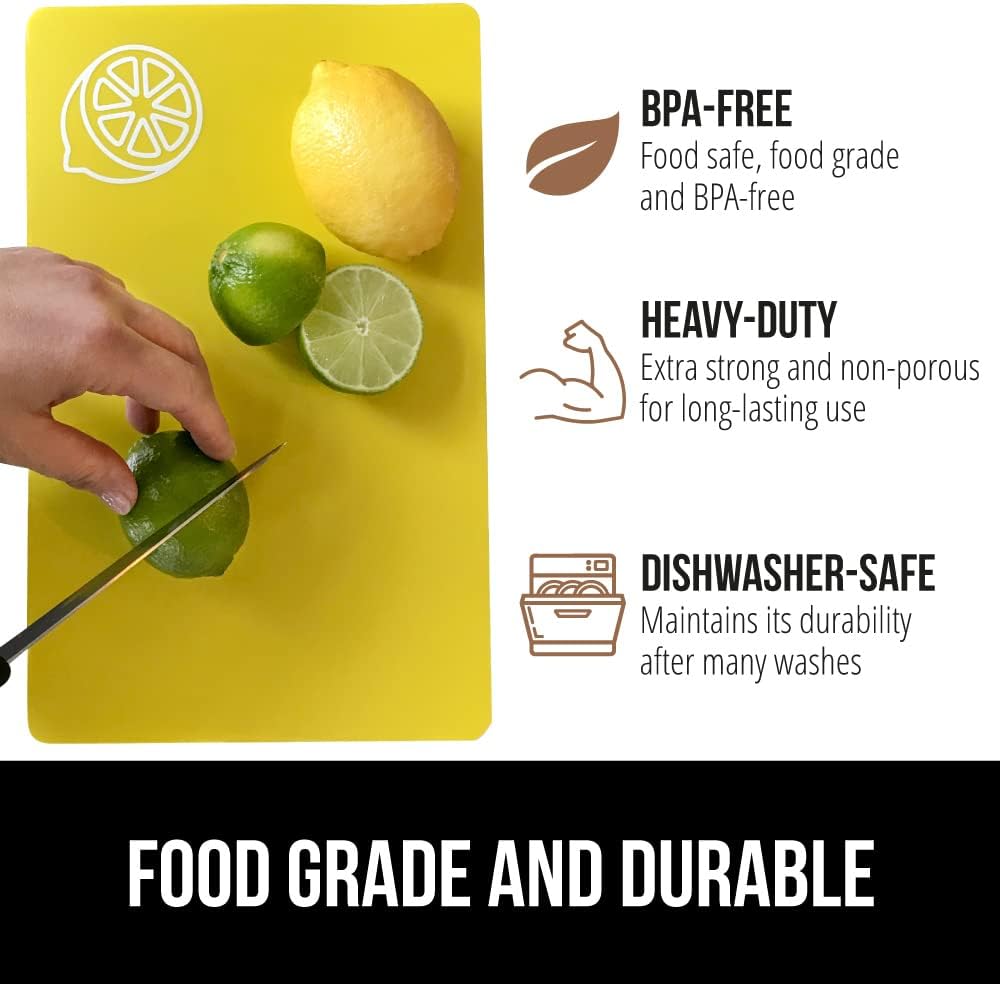 GORILLA GRIP 100% BPA-Free Flexible Cutting Board Set of 5, Durable Plastic Mats with Food Icons for Meal Prepping, Large and Mini Kitchen Chopping Mat, Use for Meat Fish Vegetables Fruit, Multicolor