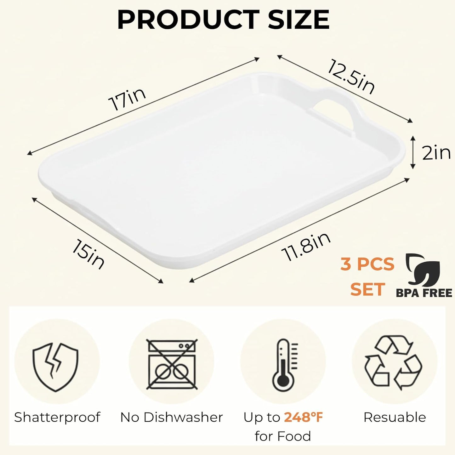 YOUEON 3 Pack White Large Melamine Serving Tray with Handles, 17"x 12" Rectangular Serving Platter Set, Food Serving Trays for Party, Entertaining, Appetizer, Buffet