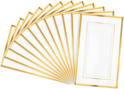12 Pcs White and Gold Rim Plastic Serving Trays, Disposable Platters Rectangle Serving Trays and Platters for Food Fruit Dessert Cupcakes Cookies Appetizers Parties Holiday Weddings 13''x7.9''