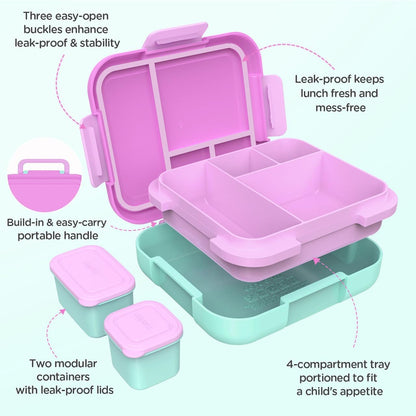 Caperci Bento Box for Kids - Large 4.8 Cups Lunch Box with Two Modular Containers - 4 Compartments, Leak-Proof, Portable Handle, Microwave/Dishwasher Safe, BPA-Free (Jungle Green/Blue)