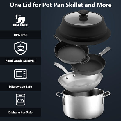 Collapsible Microwave Splatter Lid with Vented Tempered Glass Cover Wok Lid for Microwave Safe, Stockpot Steamer Pot Pan Round Bowl 6" 7" 8" 9" 10" 11" 12" Universal Multifunction Silicone Cover
