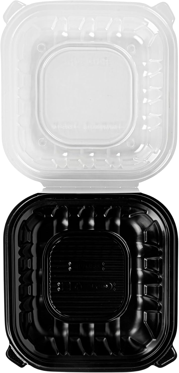 Thermo Tek 40 Ounce Clamshell Containers, 50 Disposable Take Out Boxes - 3 Compartments, Ventilated Lids, Black Plastic Meal Prep Containers, Microwavable, For Pasta Or Salads - Restaurantware