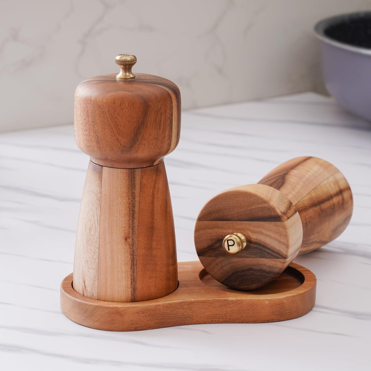 Pepper Grinder, Pepper Mill with Adjustable Stainless Steel, Acacia Wood, 14 cm/5 inch Height, Bottom Dia: 6 cm/2.36 inch (Tray is NOT Included)