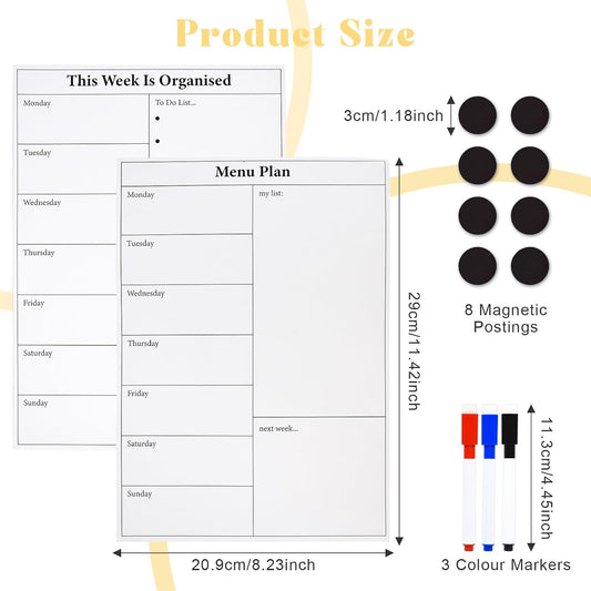Marte Vanci Weekly Planner Whiteboard for Fridge, (11.4x7.8inch) Menu Board for Kitchen, Grocery List, Meal Planner for Refrigerator, Weekly Calendar Magnetic Whiteboard with 3 Markers (2 Pack)