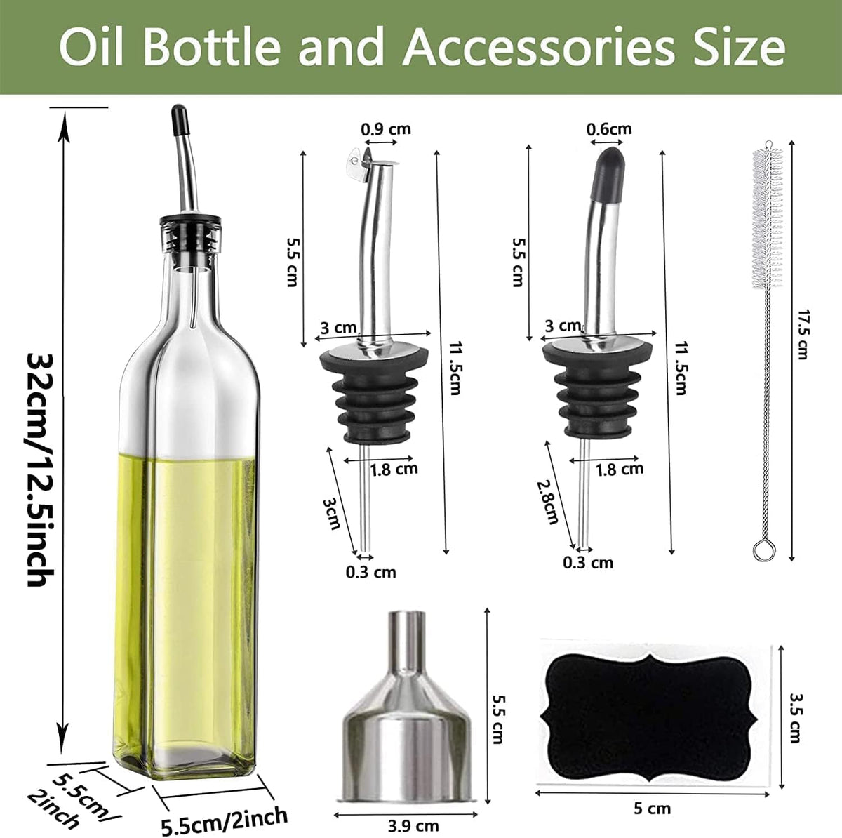 Leaflai Olive Oil Dispenser Bottle, Glass Olive Oil Dispenser and Vinegar Dispenser Set with Stainless Steel Pourers, 4 Labels,1 Brush and 1 Funnel Oil Bottles for Kitchen (500ml)