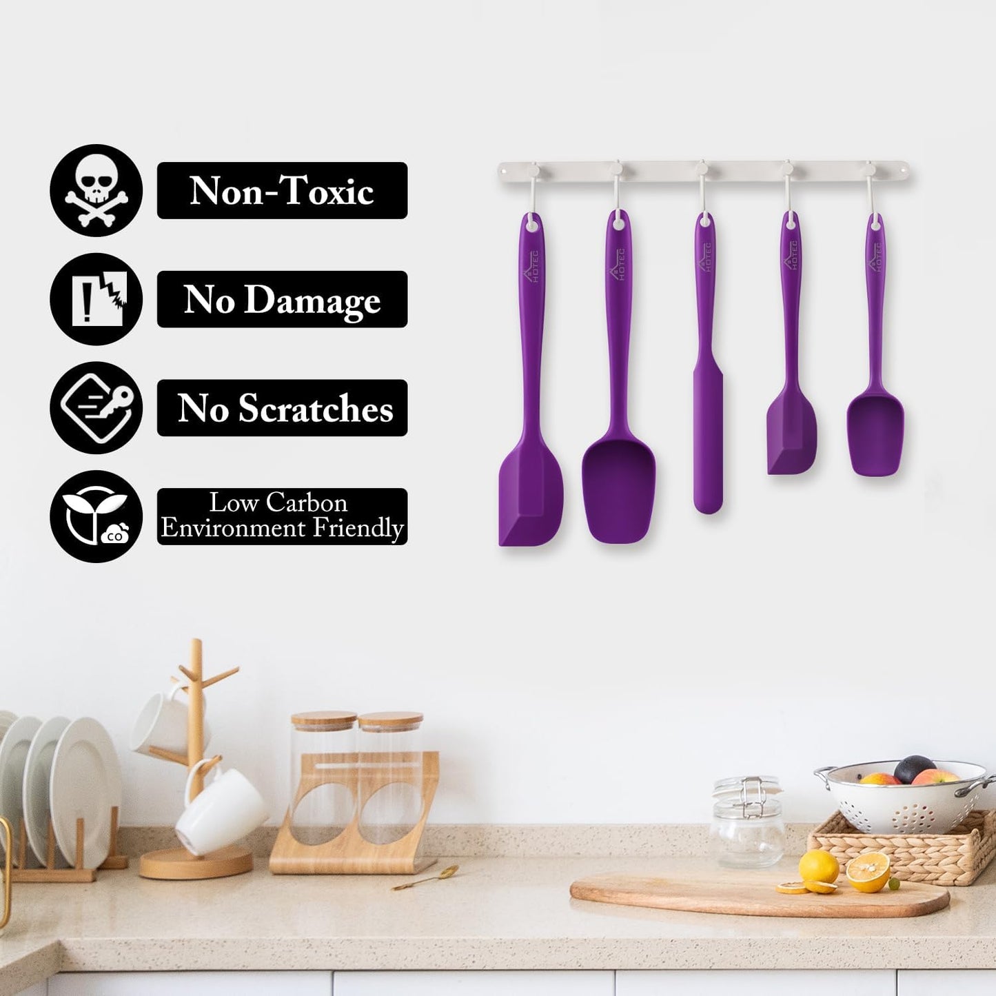 HOTEC Heat Resistant 600℉ Food Grade Silicone Rubber Spatula Set for Baking, Cooking, and Mixing Non Stick Dishwasher Safe BPA-Free Multicolor Set of 5