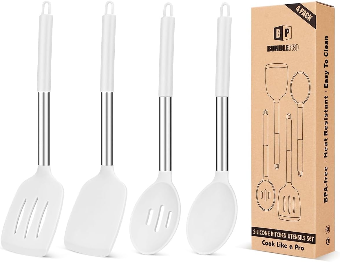 Pack of 4 Silicone Cooking Utensils Set, Non Stick Large Solid Spatulas, Heat Resistant Black Slotted Spoons, Ideal BPA Free Kitchen Turners for Frying, Mixing,Serving,Draining,Turning,Stirring