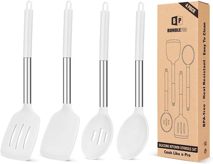 Pack of 4 Silicone Cooking Utensils Set, Non Stick Large Solid Spatulas, Heat Resistant Black Slotted Spoons, Ideal BPA Free Kitchen Turners for Frying, Mixing,Serving,Draining,Turning,Stirring