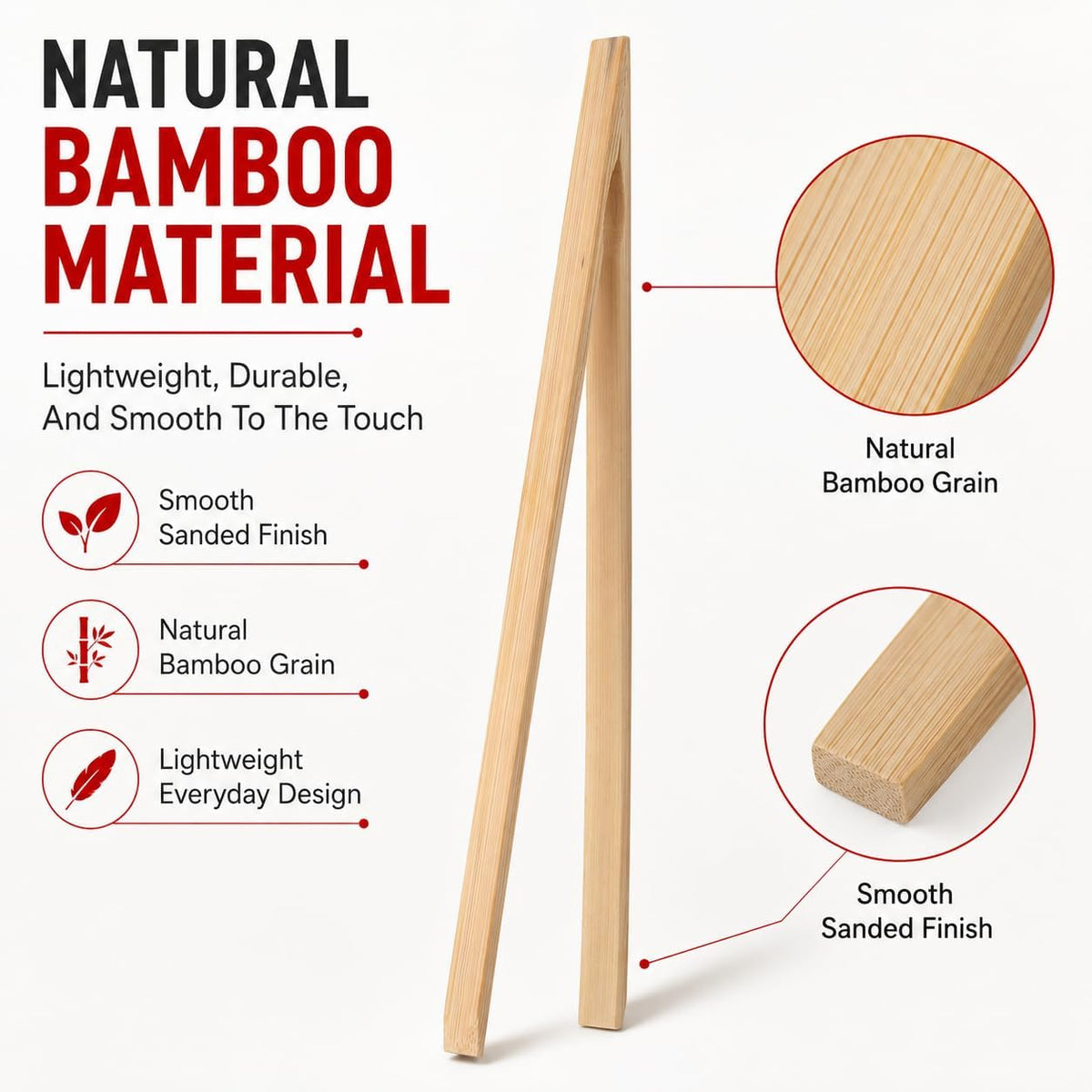HIC Kitchen Toast Tongs, Natural Bamboo, 6.5-Inches