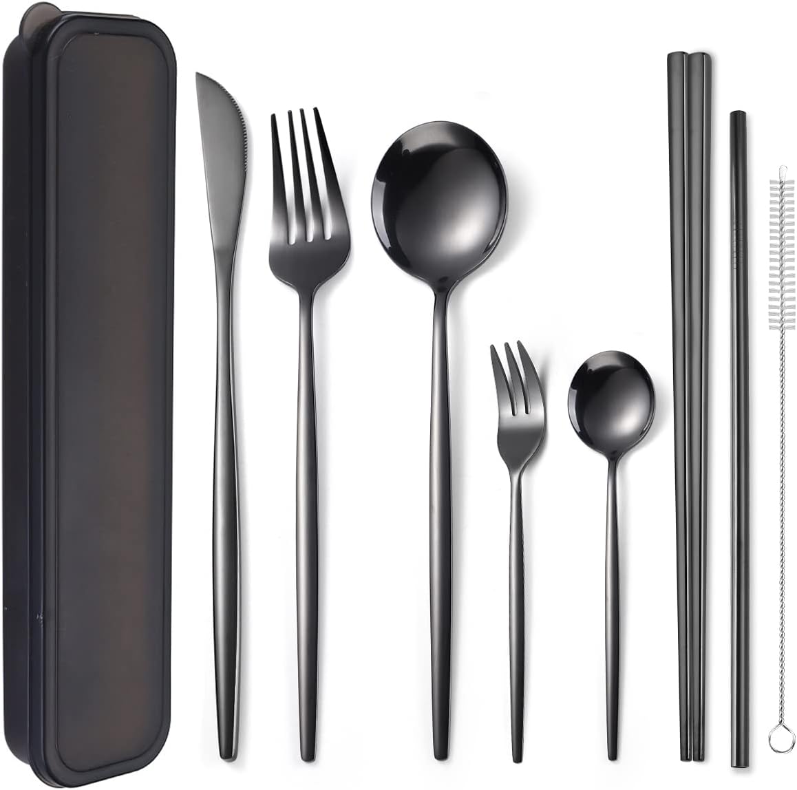 AARAINBOW 8 Pieces Stainless Steel Flatware Set Portable Reusable Cutlery Set Travel Utensils Set Including Chopsticks Knife Fork Spoon Straws Cleaning Brush Dishwasher Safe (Pink Golden)