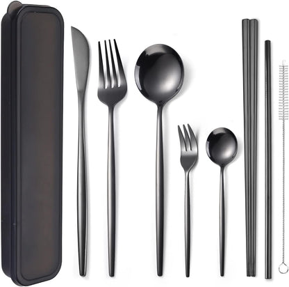 AARAINBOW 8 Pieces Stainless Steel Flatware Set Portable Reusable Cutlery Set Travel Utensils Set Including Chopsticks Knife Fork Spoon Straws Cleaning Brush Dishwasher Safe (Pink Golden)