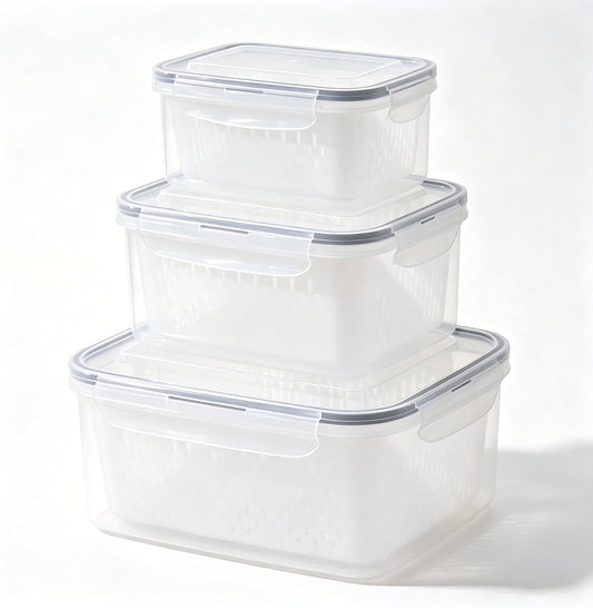 3-Pack Fresh Fruit Storage Containers for Fridge with Strainer & Drain Lid