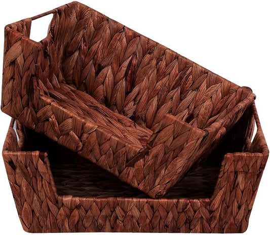Wicker Basket for Pantry, Open Front Storage Baskets with Built-in Handles,Water Hyacinth Bins for Shelves, Brown, 2-Pack