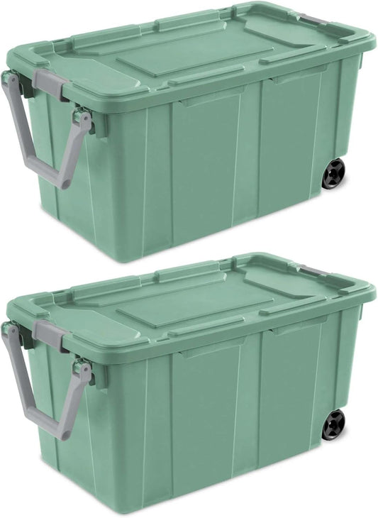 40 Gallon Wheeled Industrial Tote, Rugged Plastic Storage Bin, Latch Lid, Light Green, 2 Count