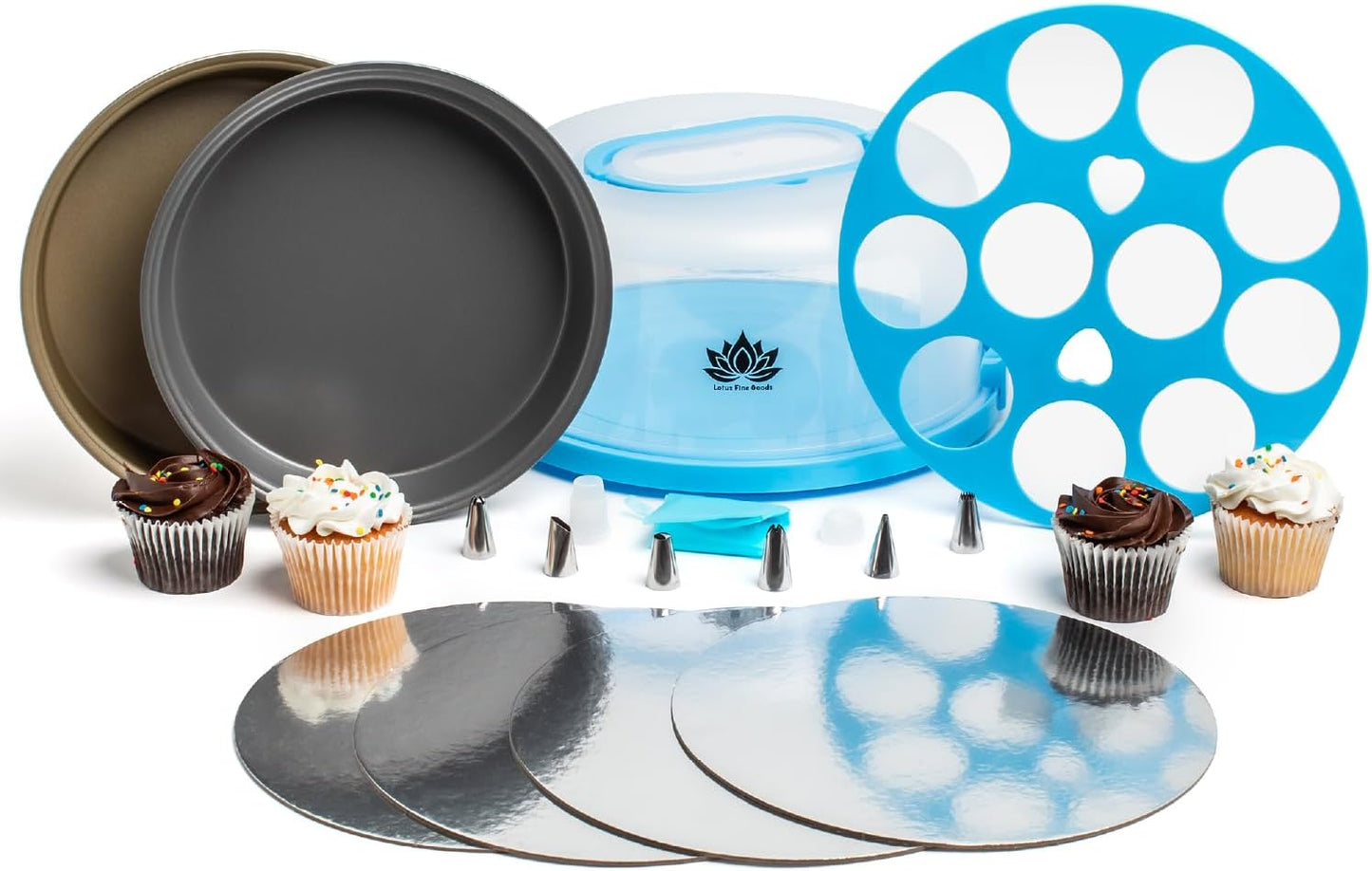 Cake Carrier with Lid and Handle – 10" Cake Storage Container with Baking Accessories, Cake Stand with Baking Pan, Cupcake Tray, Cake Boards & Piping Set