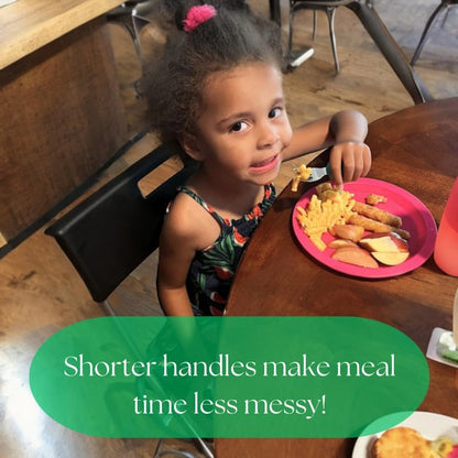 Kids Travel Utensil Set with Case. Include Fork, Universal Spoon, & Ergonomic Right Handed Spoon. Easy grip handles, 304 stainless utensils, feet to keep the utensils off surfaces.