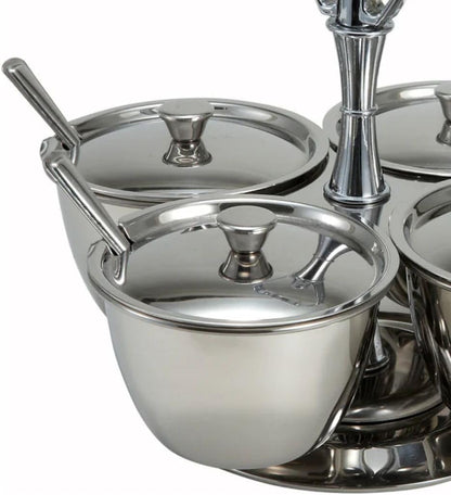 Soro Essentials- 4 Compartments Stainless Steel Relish Server 8 oz Capacity Per Cup- Serving Tray with Lid Condiment Server Condiment Serving Garnish Bar Container for Home Kitchen Restaurant