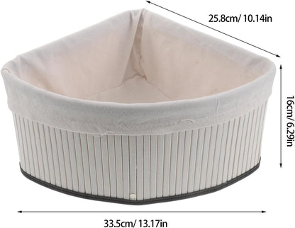 Corner Storage Basket - Bamboo Woven Organizer with Liner - Woven Pantry Basket for Shelves - Triangle Storage Bin for Kitchen, Bathroom and Bedroom (White)