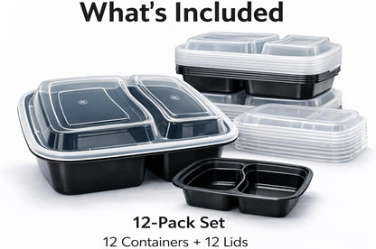 4U'LIFE 28 oz [Pack of 12] 2-Compartment Meal Prep Containers, Bento Boxes With Clear Lids