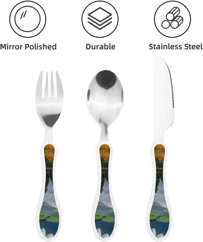 3-Piece Kids Silverware Set With Storage Case, Stainless Steel Reusable Children Safe Knife Spoon Fork Set Blue Active Girl Running Sunset Children Flatware Set For Kids Lunch Box - Colors B