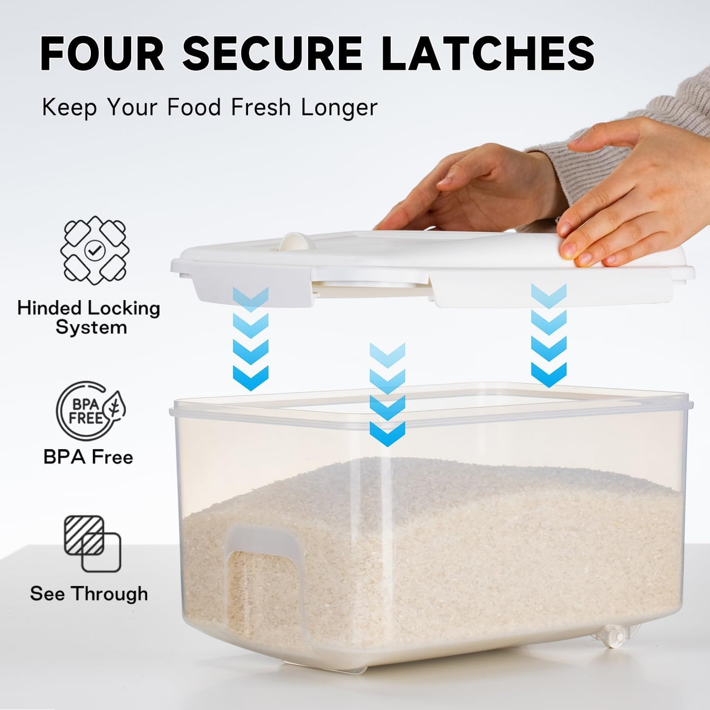 LivLab Mker Rice Storage Container 20 lbs & 10 lbs - 15 lbs & 7.5 lbs Flour Dispenser with Wheel & Measuring Cup, Kitchen Prganizers for Dry Food Storage Container, White