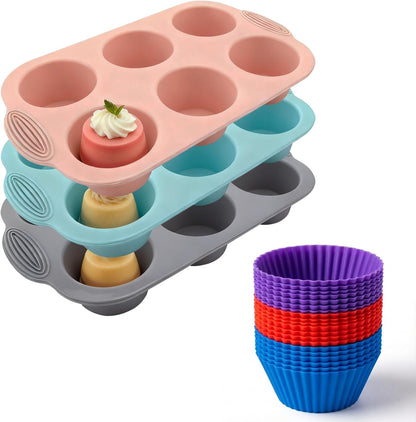 3 Pack 6 Cup Silicone Muffin Pan Set with 18 Reusable Silicone Baking Cups,Nonstick Silicone Cupcake Pan for Baking Muffins,Cupcakes,Easy Release & Dishwasher Safe